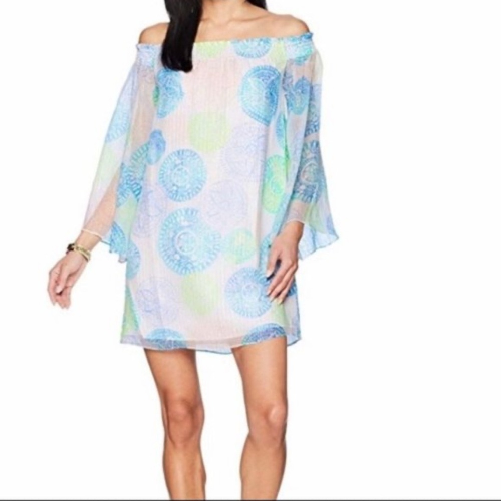 Lilly Pulitzer Women's Abi silk mini dress Off-Shoulder 7/8 sleeve white print S
